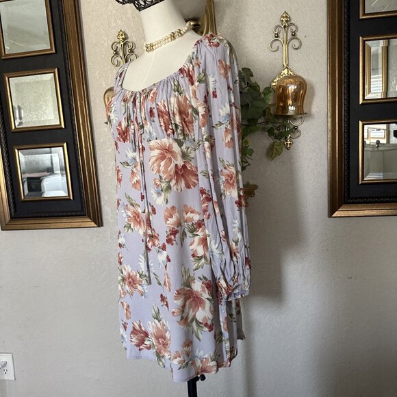 Women's Floral Dress Flowy Long Bell Sleeve Tie Front Deep Zipper V Back Size S - Picture 4 of 15